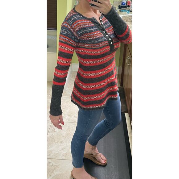 Free People Wool Alpaca Blend Striped Crew Neck Geometric shirt red and black XS - Picture 2 of 8